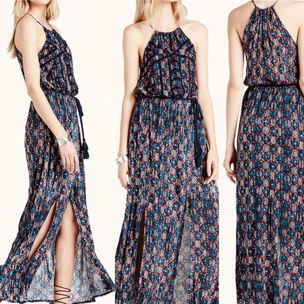 Lucky Brand | Embroidered Boho Maxi Dress | High Halter Neck | Double Front Slit